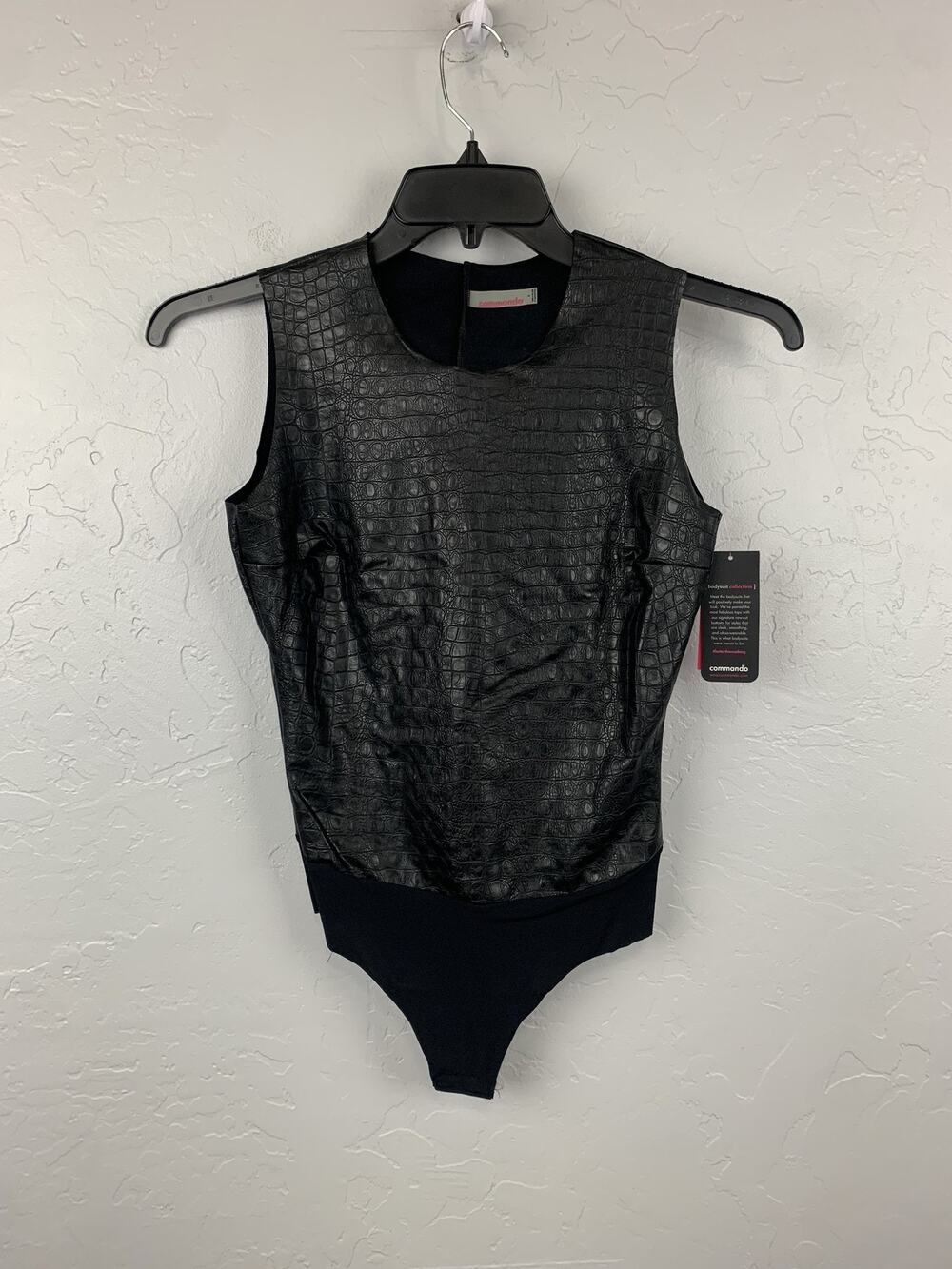 Commando Bodysuit Womens Small Black Faux Leather Animal Embossed Sleeveless New